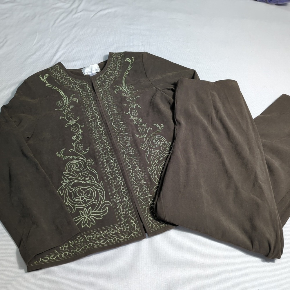 Susan Graver Womens‎ Large Olive Green Embroidered Jacket and Pants Set  350
